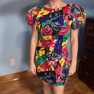 Vintage 80s Colorful Floral Puff Sleeve Dress